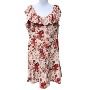 Cato Plus Multicolor Floral Print Dress Cream Red Flounce Hem Crepe Ruffle